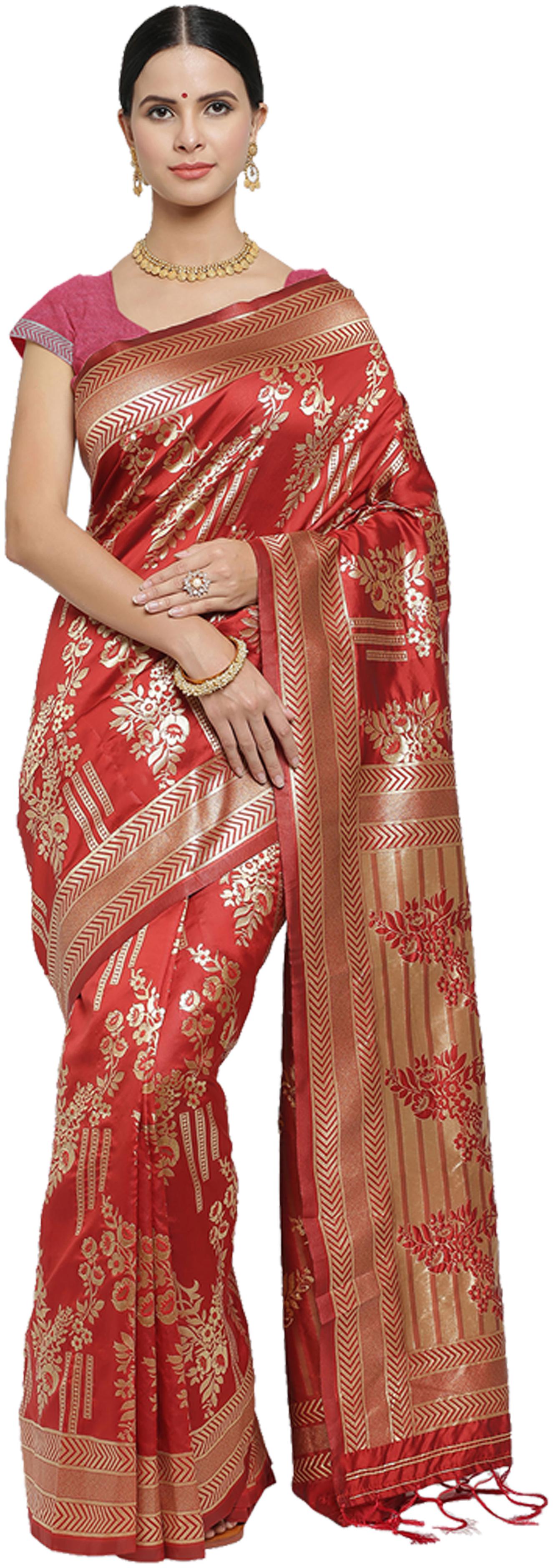 

Viva N Diva Red Woven Universal Regular Saree With Blouse With blouse