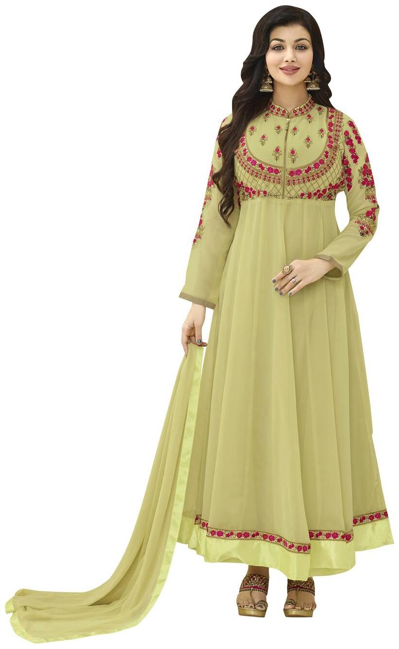 

Viva N Diva Olive Green Color Georgette Anarkali Semi Stitched Suit