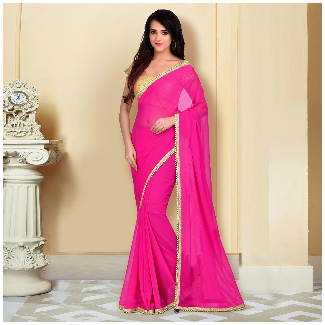 

Viva N Diva Pink Solid Universal Designer Saree With blouse