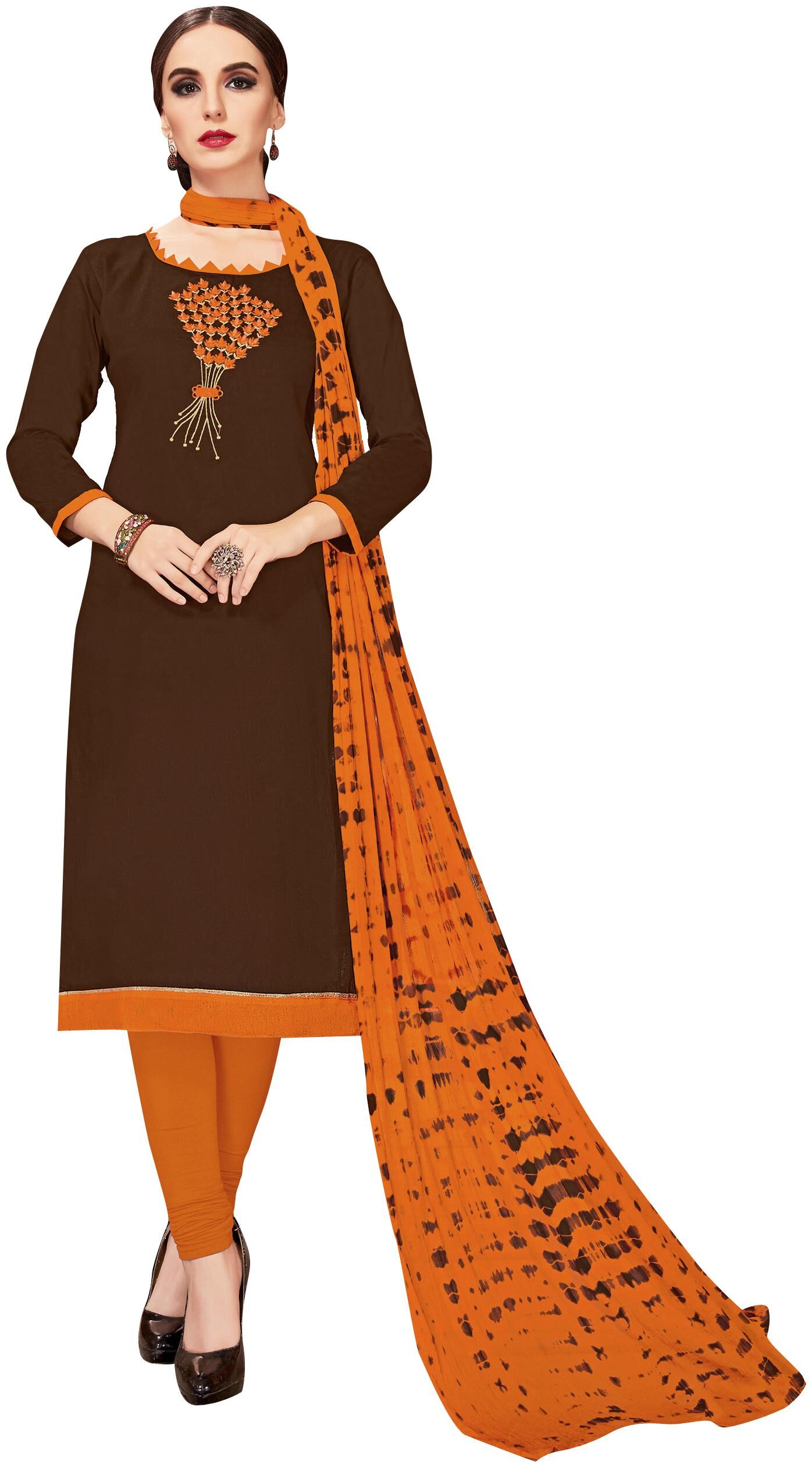 

Viva N Diva Brown Cotton Embroidered Dress Material