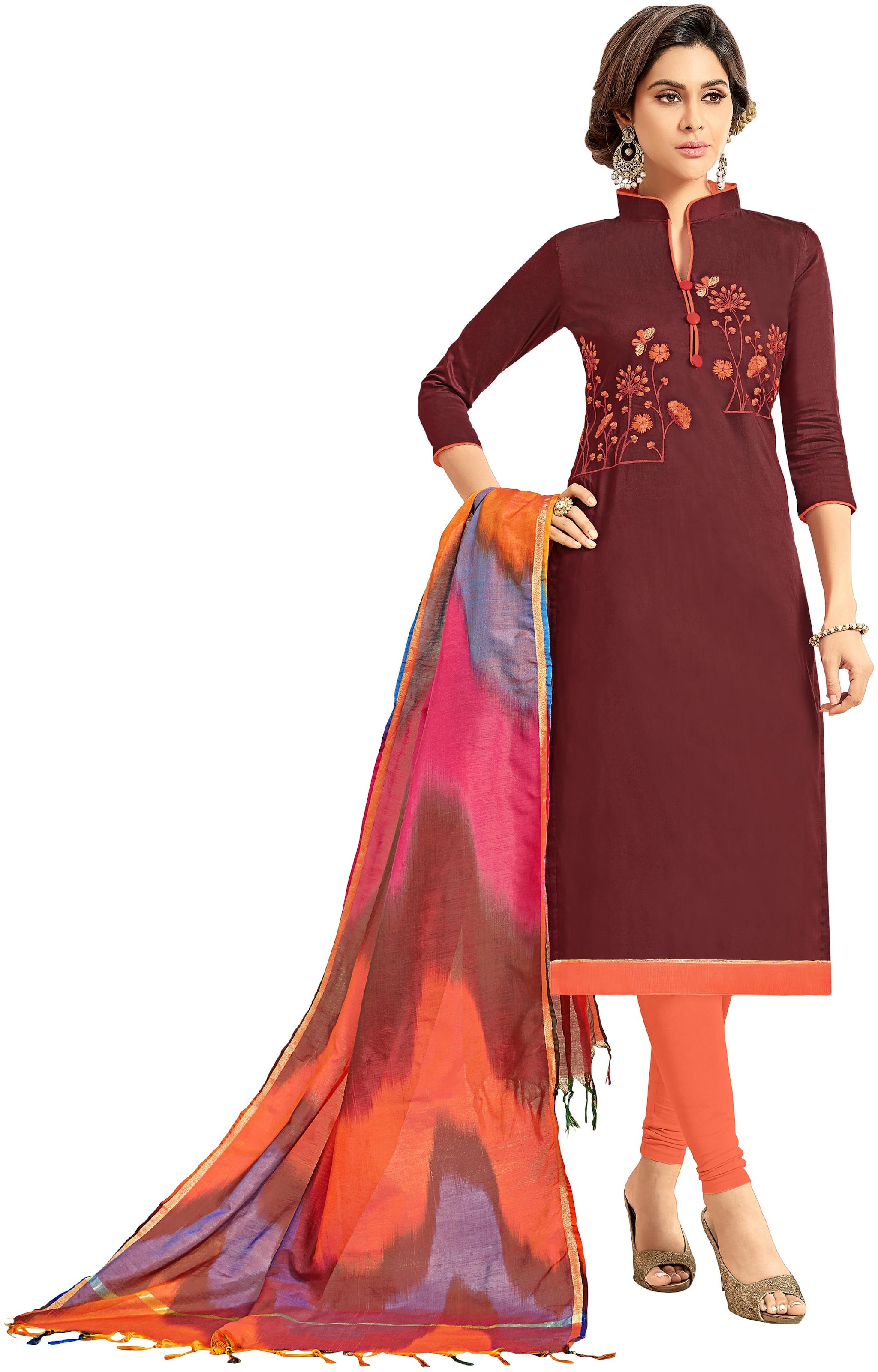 

Viva N Diva Brown Cotton Slub Embroidered Dress Material