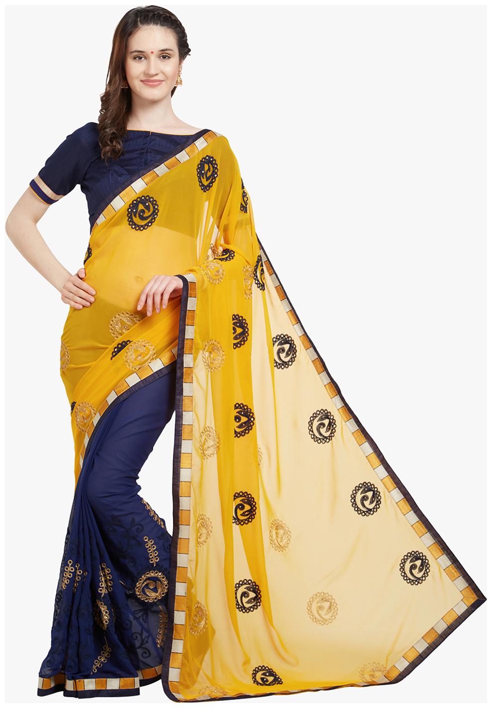 

Viva N Diva Yellow Navy Blue Color Georgette Chiffon Saree With Blouse Piece