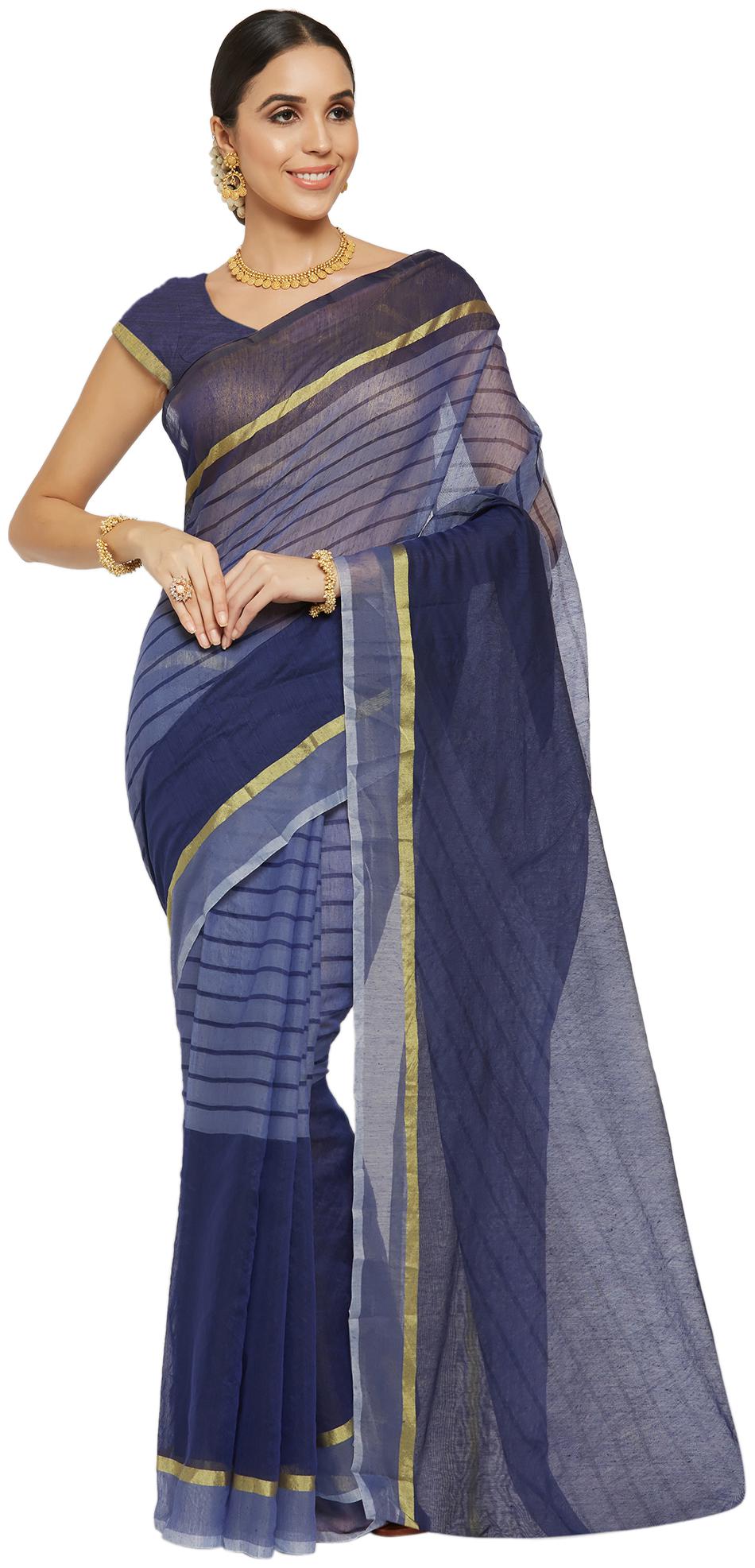 

Viva N Diva Blue Striped Universal Regular Saree With Blouse With blouse