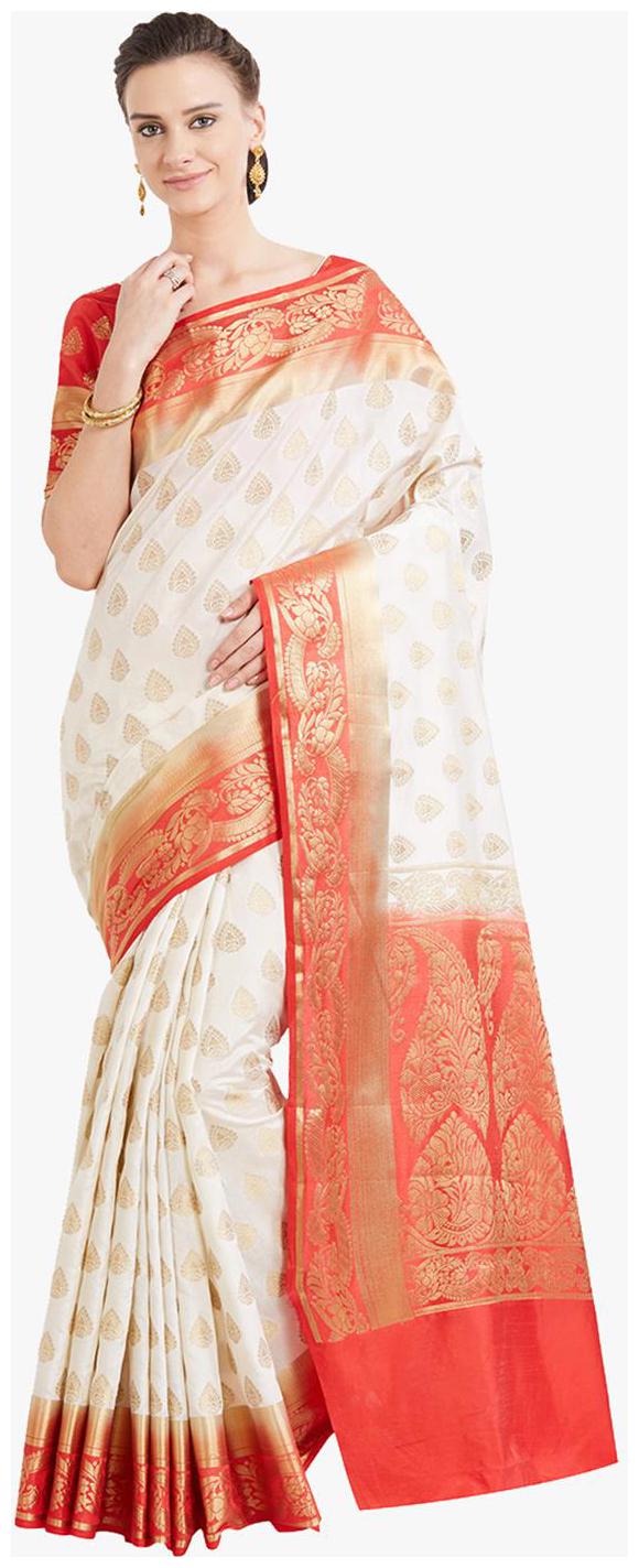 

Viva N Diva Cream Red Color Art Silk Kanchipuram Saree With Blouse Piece