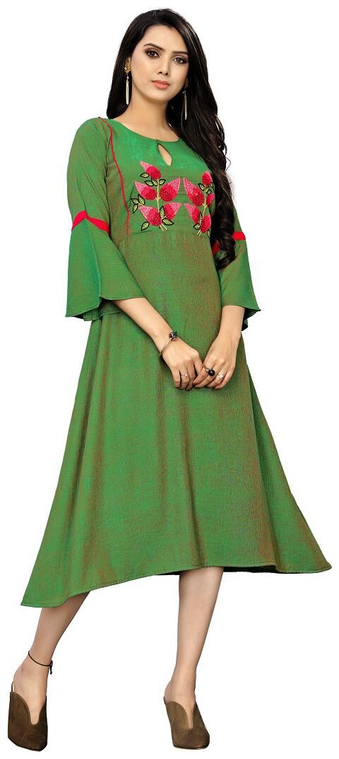 

VIVELS Cotton Green Embroidered Kurta Dress For Women
