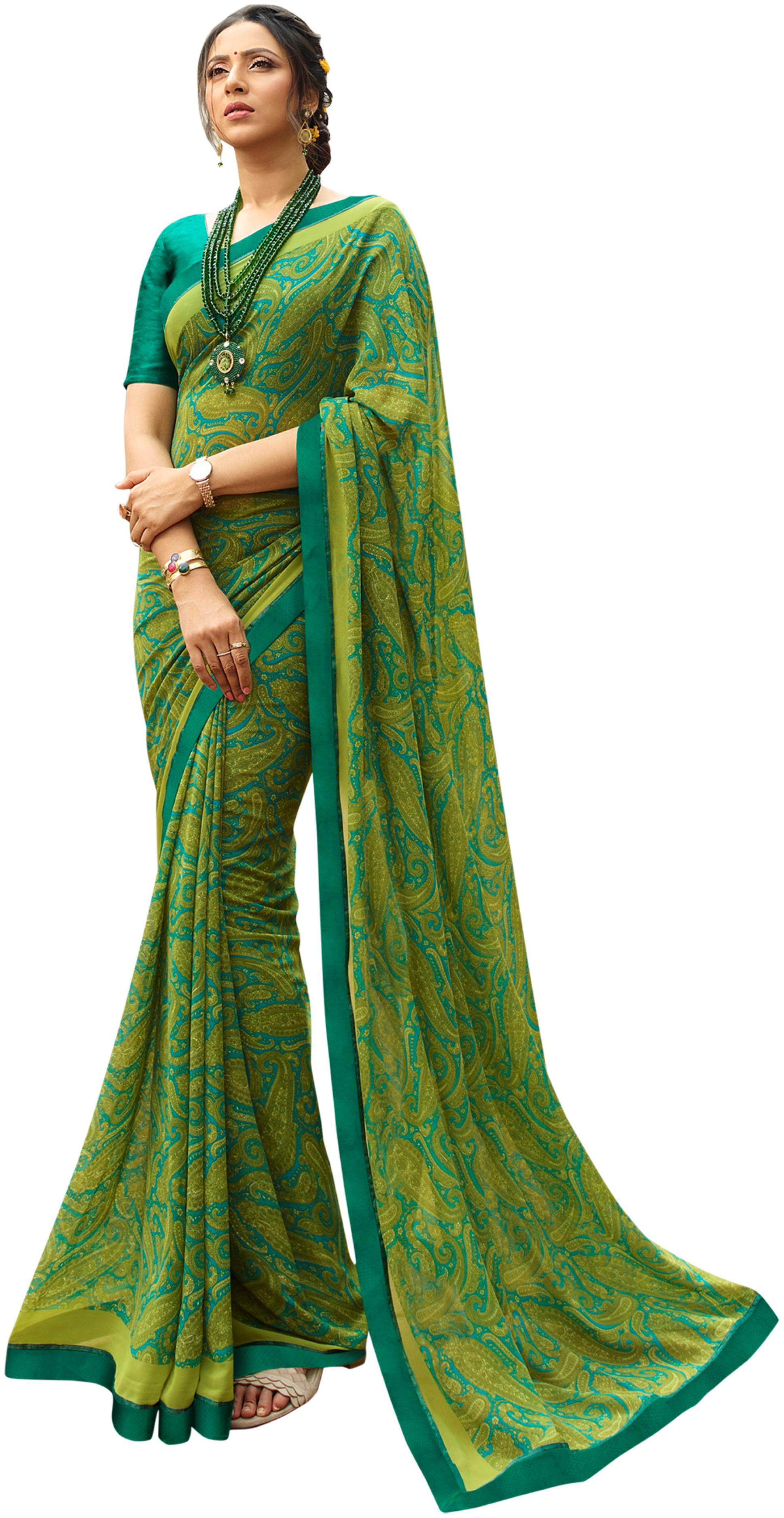 

VIVELS Georgette Green Printed Saree With Blouse