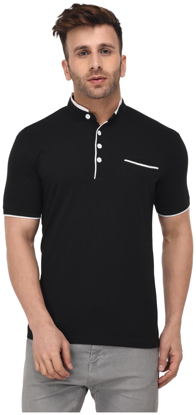 

Vivid Bharti Men Black Regular fit Cotton Mandarin collar T-Shirt - Pack Of 1