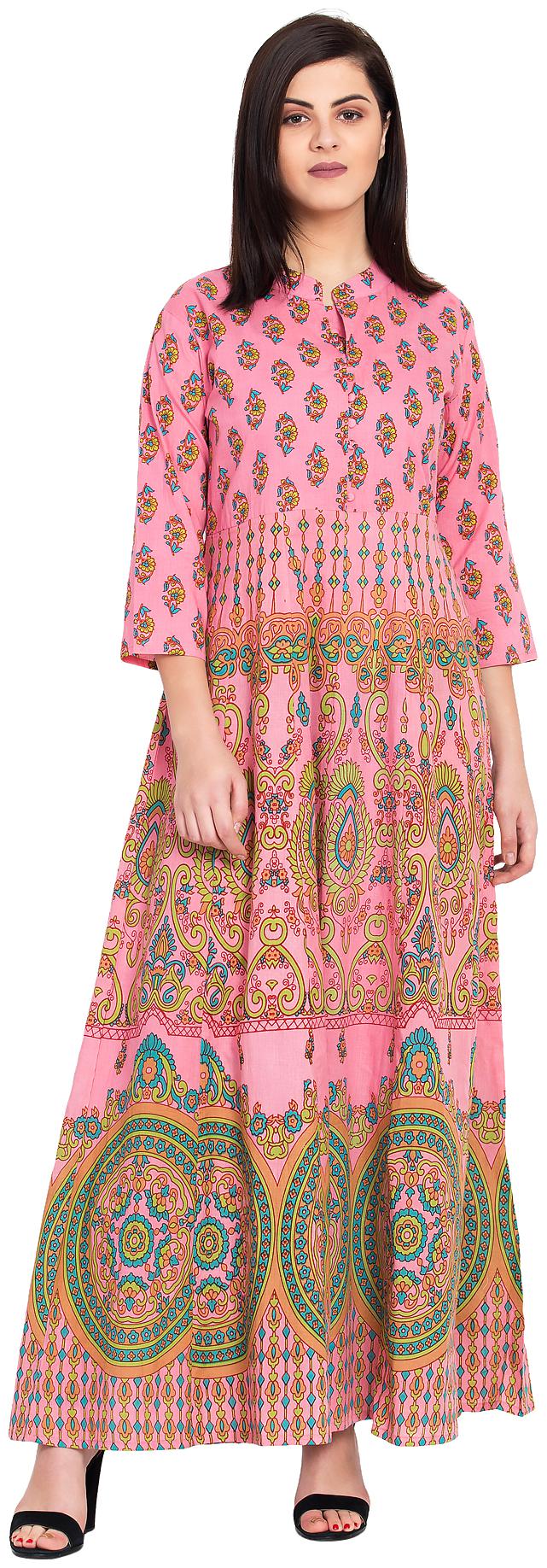 

VOOM BAND COLLAR PRINTED COTTON LONG FLARED KURTA