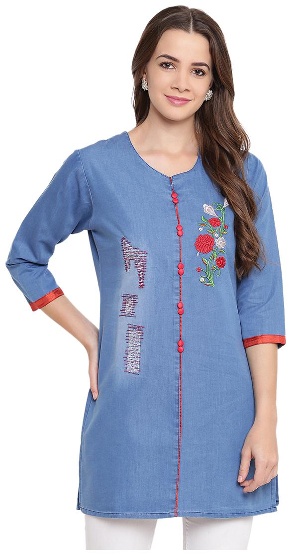 

Voom Women Blue Embroidered Straight Kurti