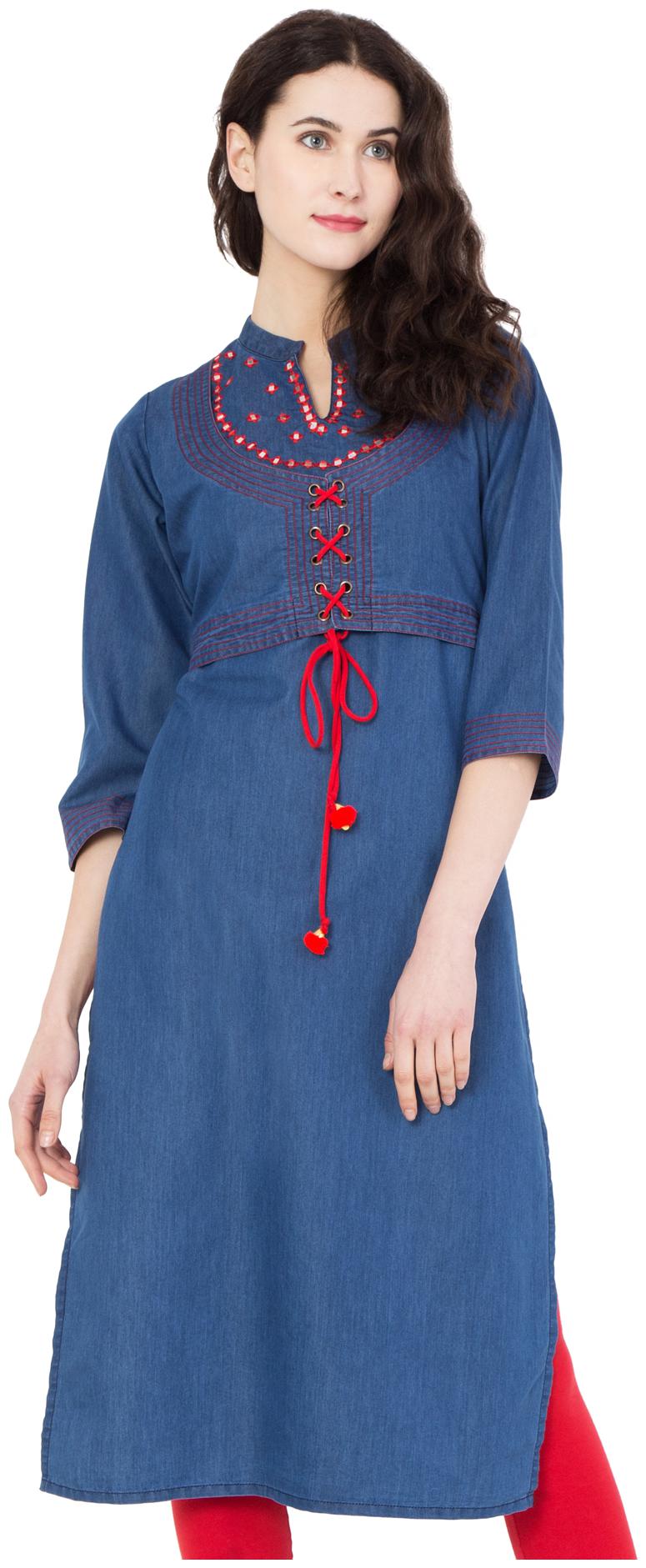

Voom Women Blue Embroidered Straight Kurti
