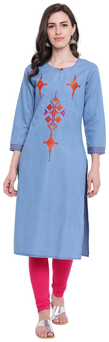 

Voom Women Blue Embroidered Straight Kurti