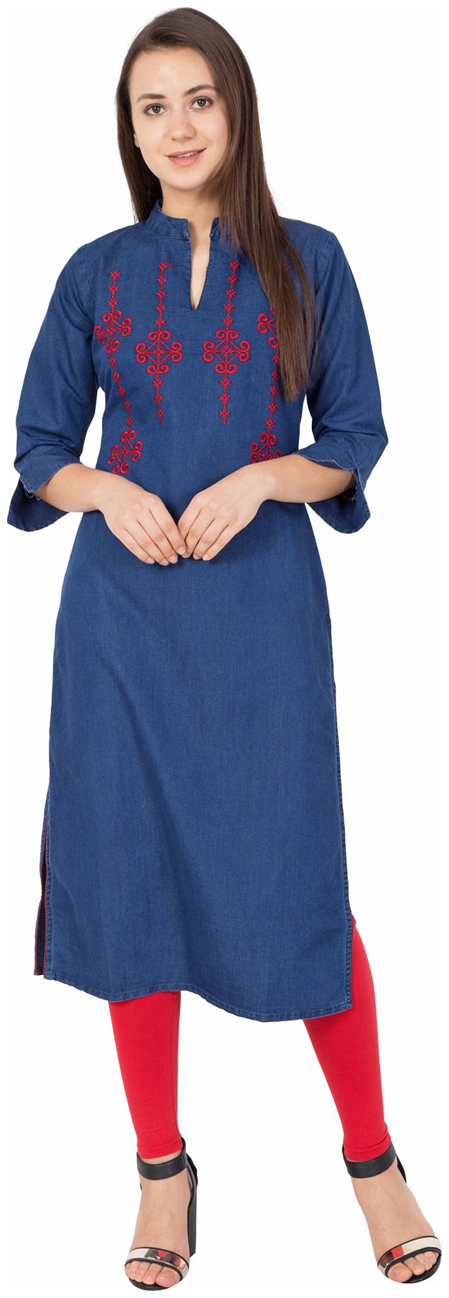 

Voom Women Blue Embroidered Straight Kurti