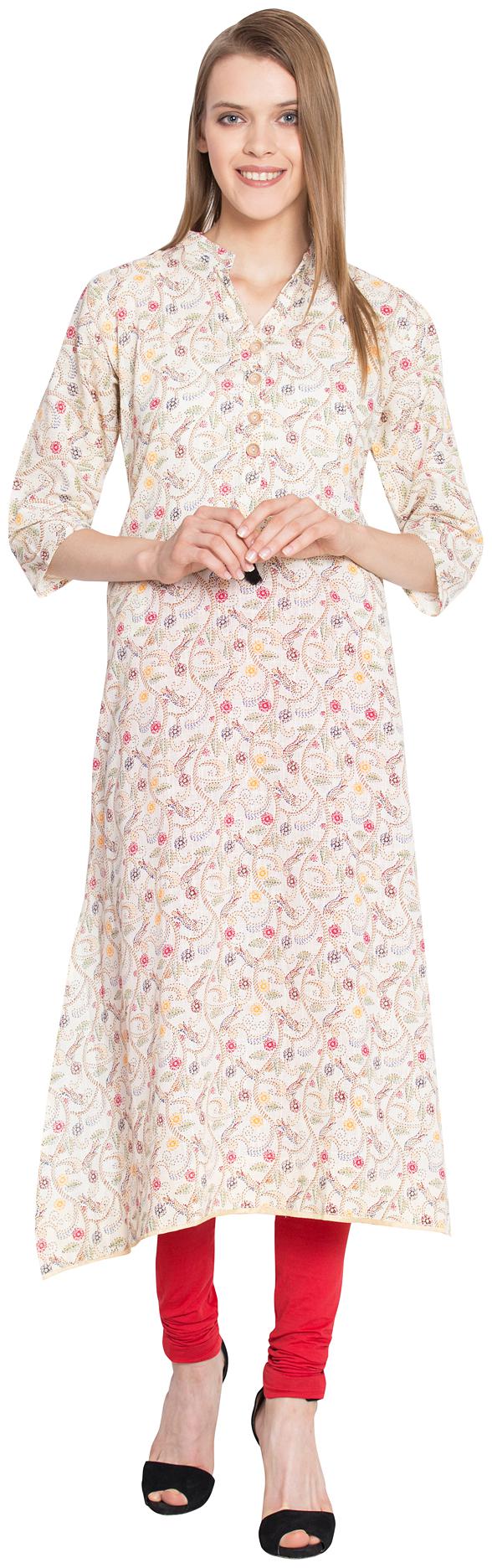 

VOOM OFF WHITE COTTON PRINTED ALINE POCKET KURTI