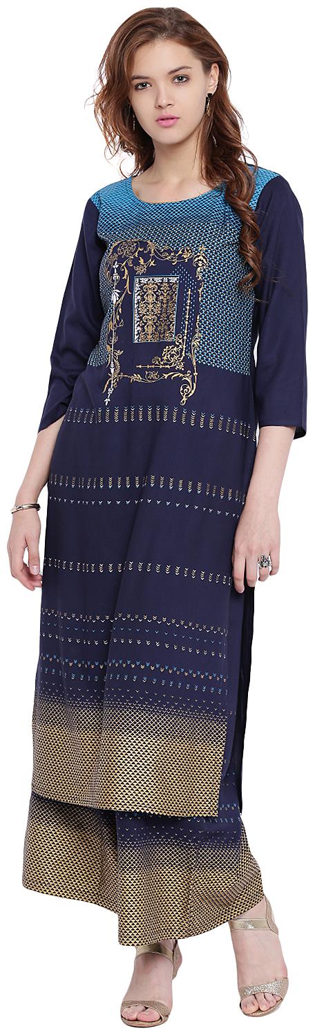 

VOOM PRINTED STRAIGHT FIT RAYON KURTA WITH FLARED PRINTED ANKLE LENGTH RAYON PALAZZO