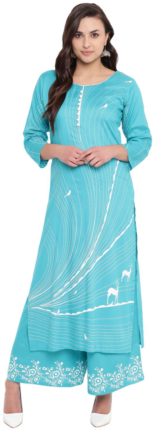 

Voom Women Turquoise Printed Straight Kurta With Palazzo