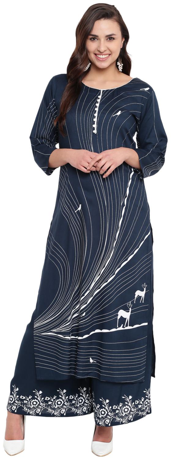 

Voom Women Blue Printed Straight Kurta With Palazzo