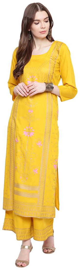 

Voom Women Yellow Printed Straight Kurta With Palazzo