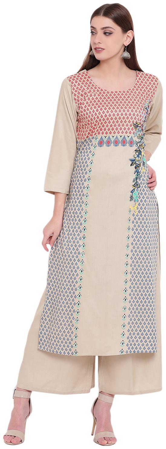 

VOOM SCREEN PRINTED RAYON BEIGE STRAIGHT FESTIVE KURTA WITH PRINTED RAYON PALAZZO