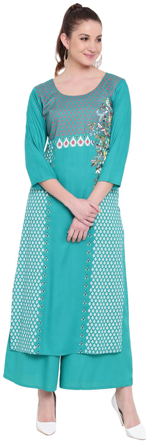 

Voom Women Turquoise Printed Straight Kurta With Palazzo