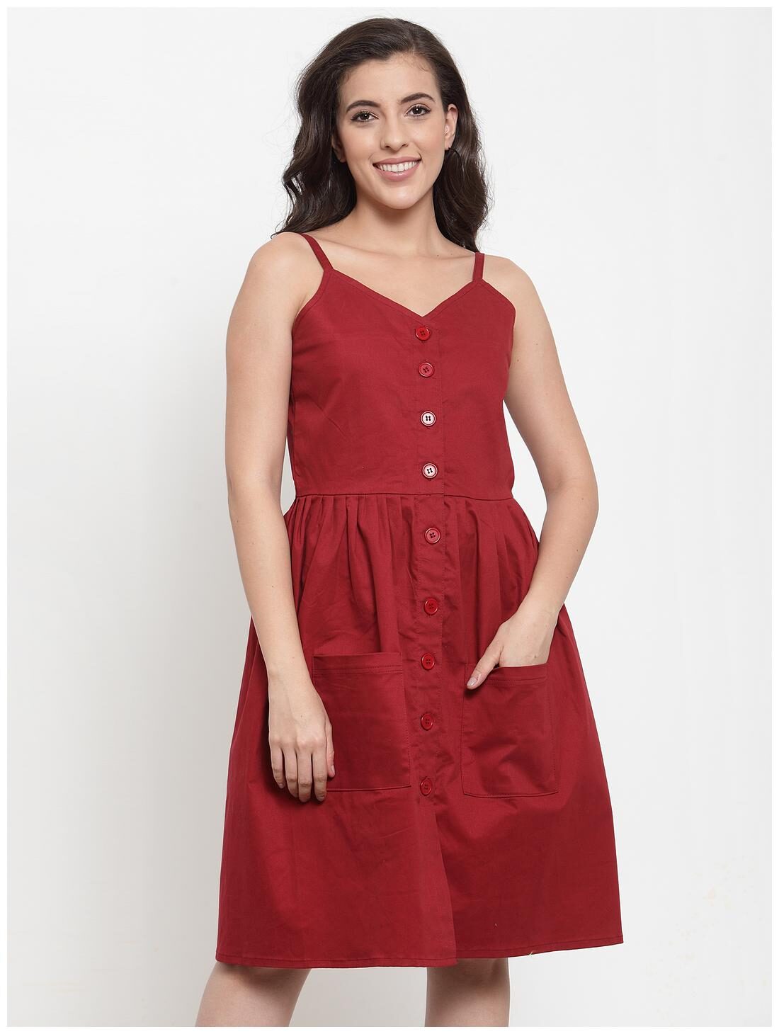 

VOXATI Denim Maroon Solid A Line Dress For Women