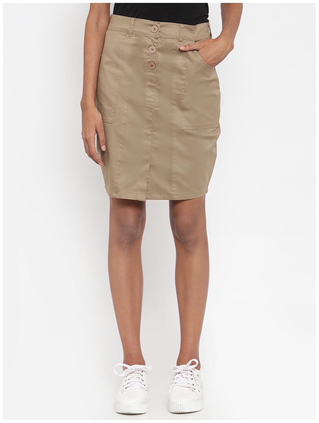 

VOXATI Solid Pencil skirt Midi Skirt - Khaki