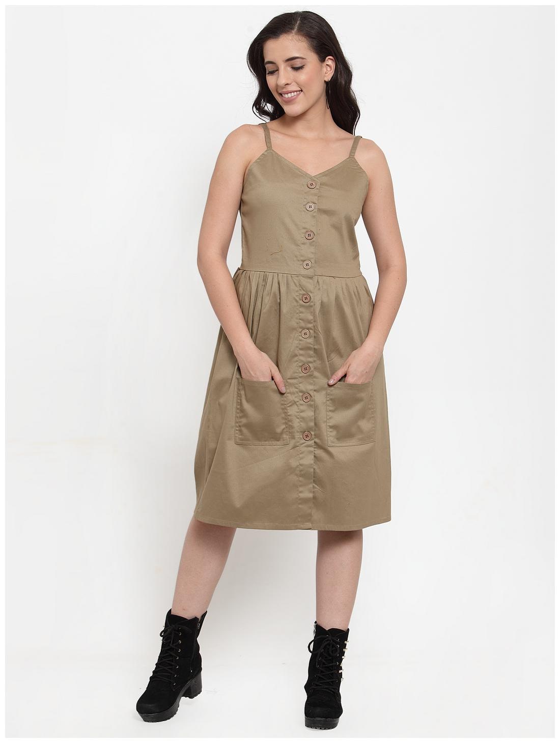 

VOXATI Denim Khaki Solid A Line Dress For Women