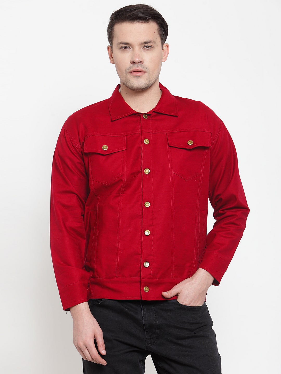 

VOXATI Men Red Solid Denim jacket