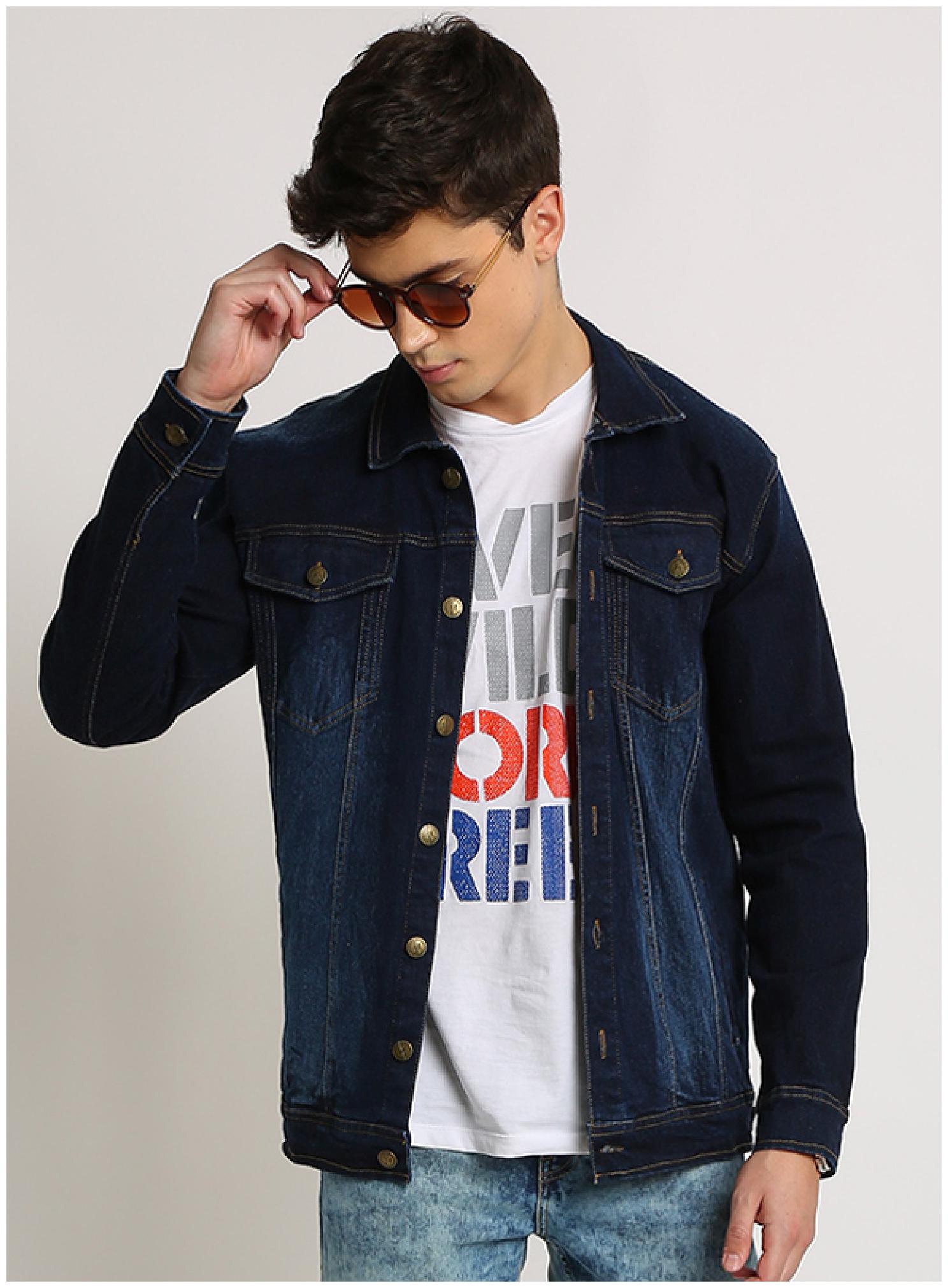 

VOXATI Men Navy blue Solid Denim jacket