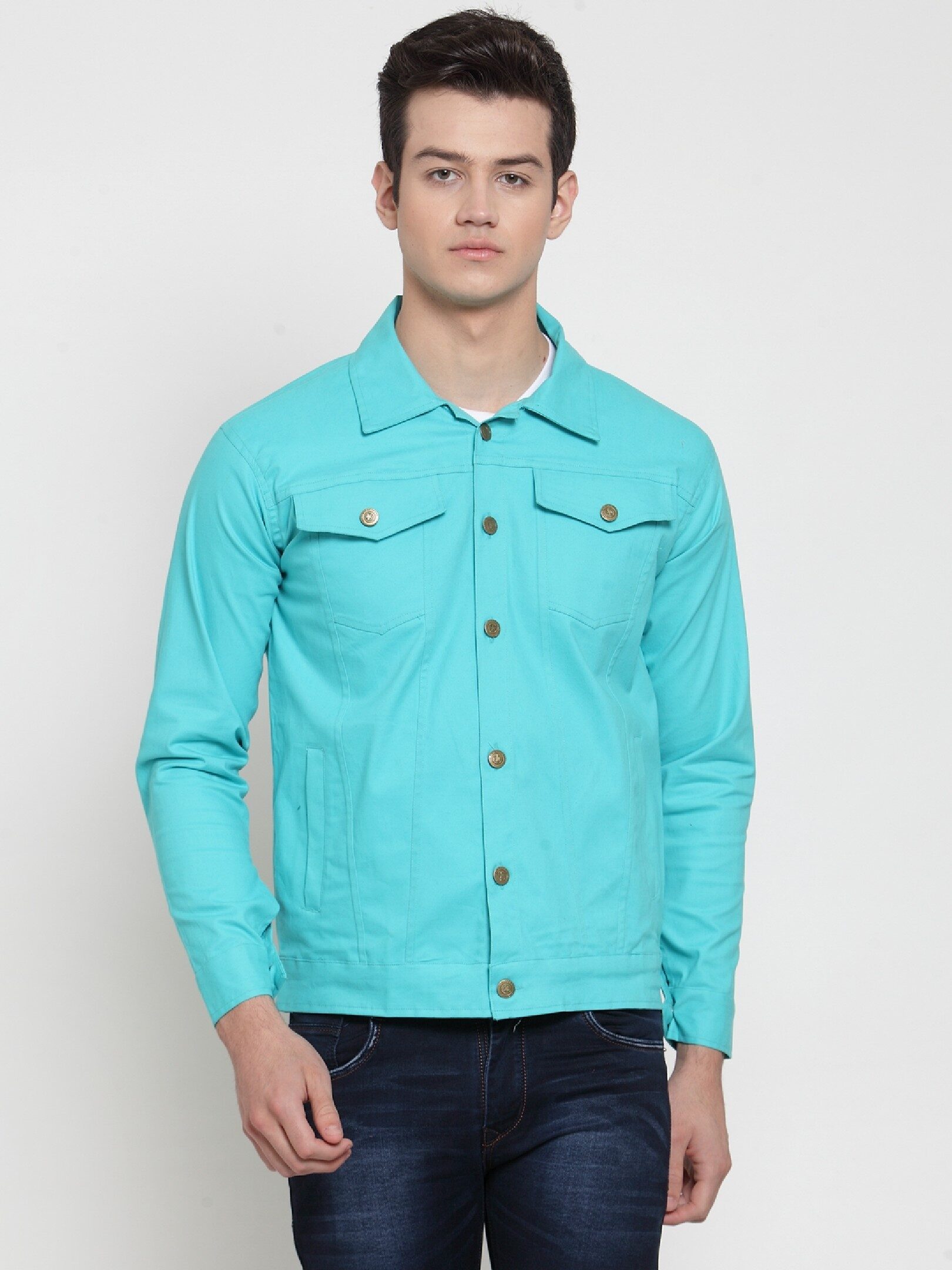 

VOXATI Men Turquoise Solid Denim jacket