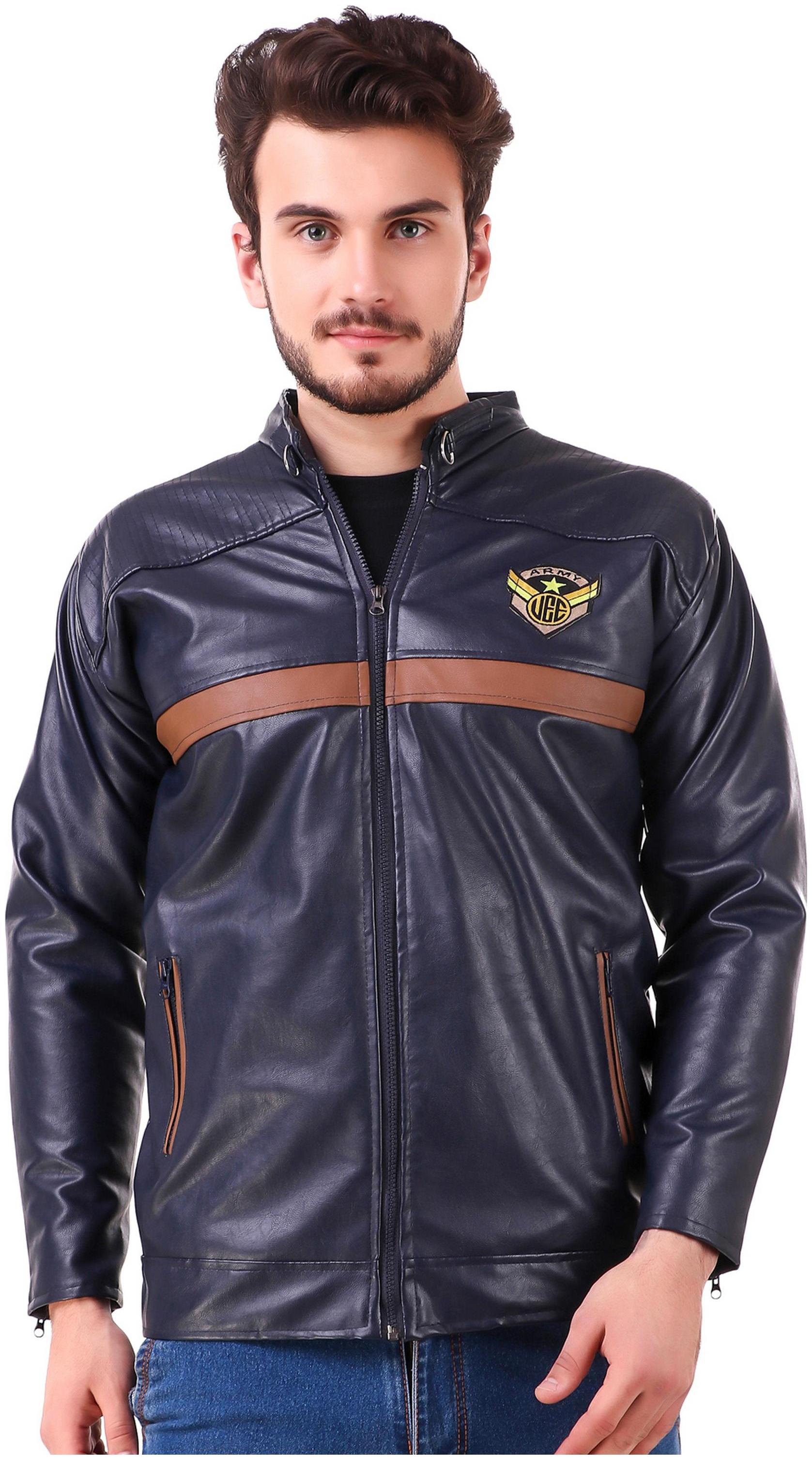 

VOXATI Men Blue Solid Leather jacket