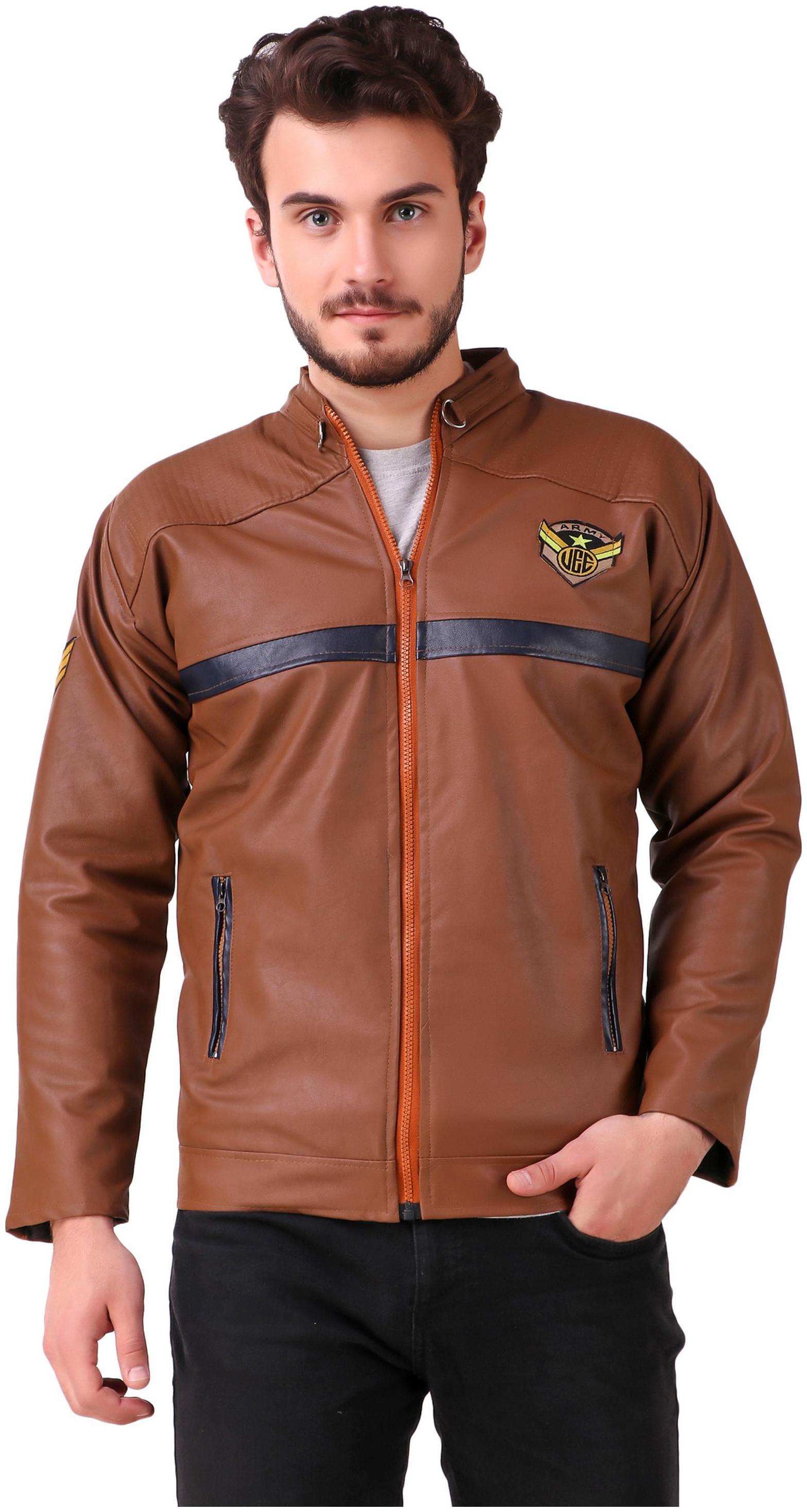 

VOXATI Men Brown Solid Leather jacket
