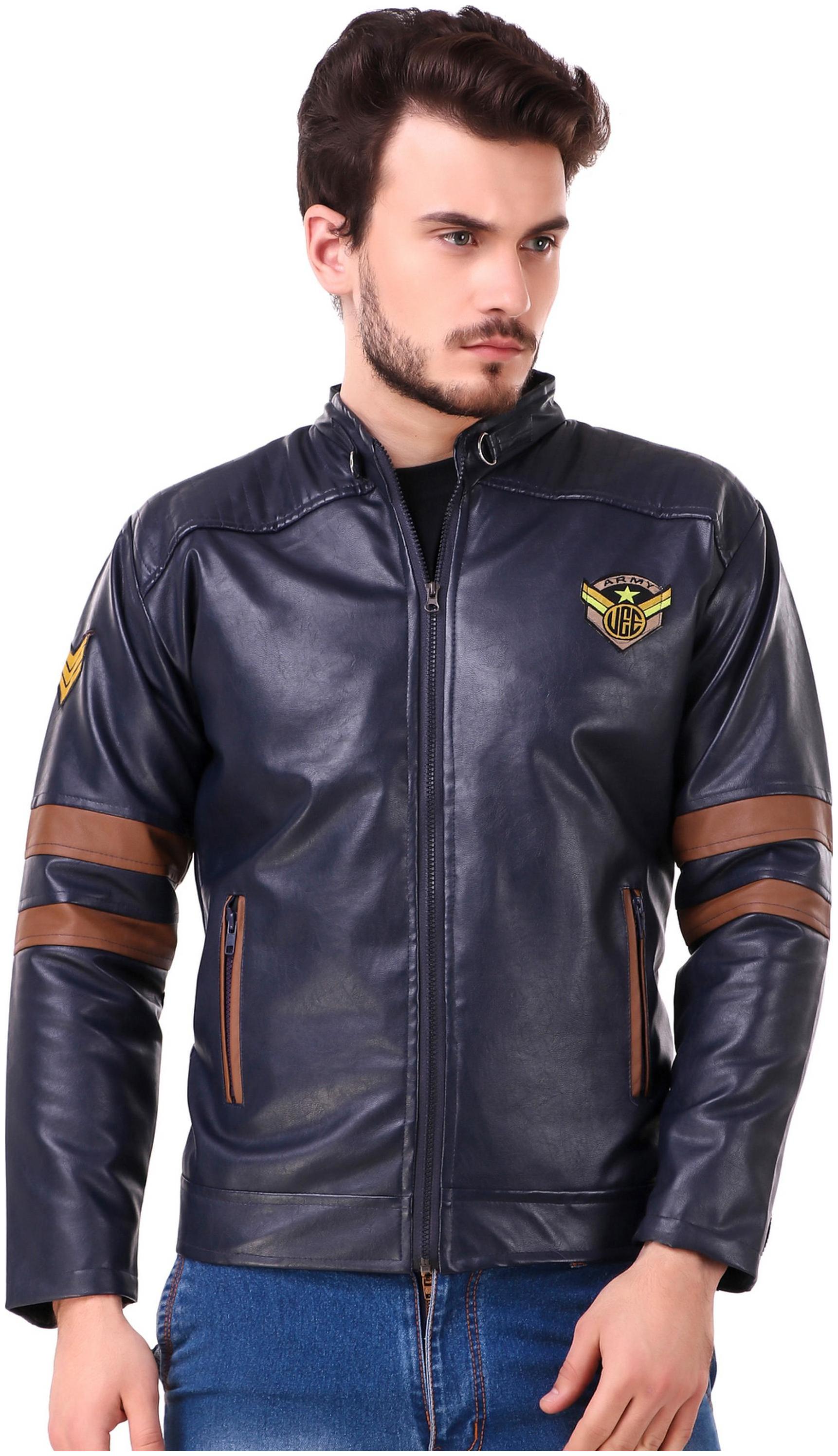 

VOXATI Men Blue Solid Leather jacket