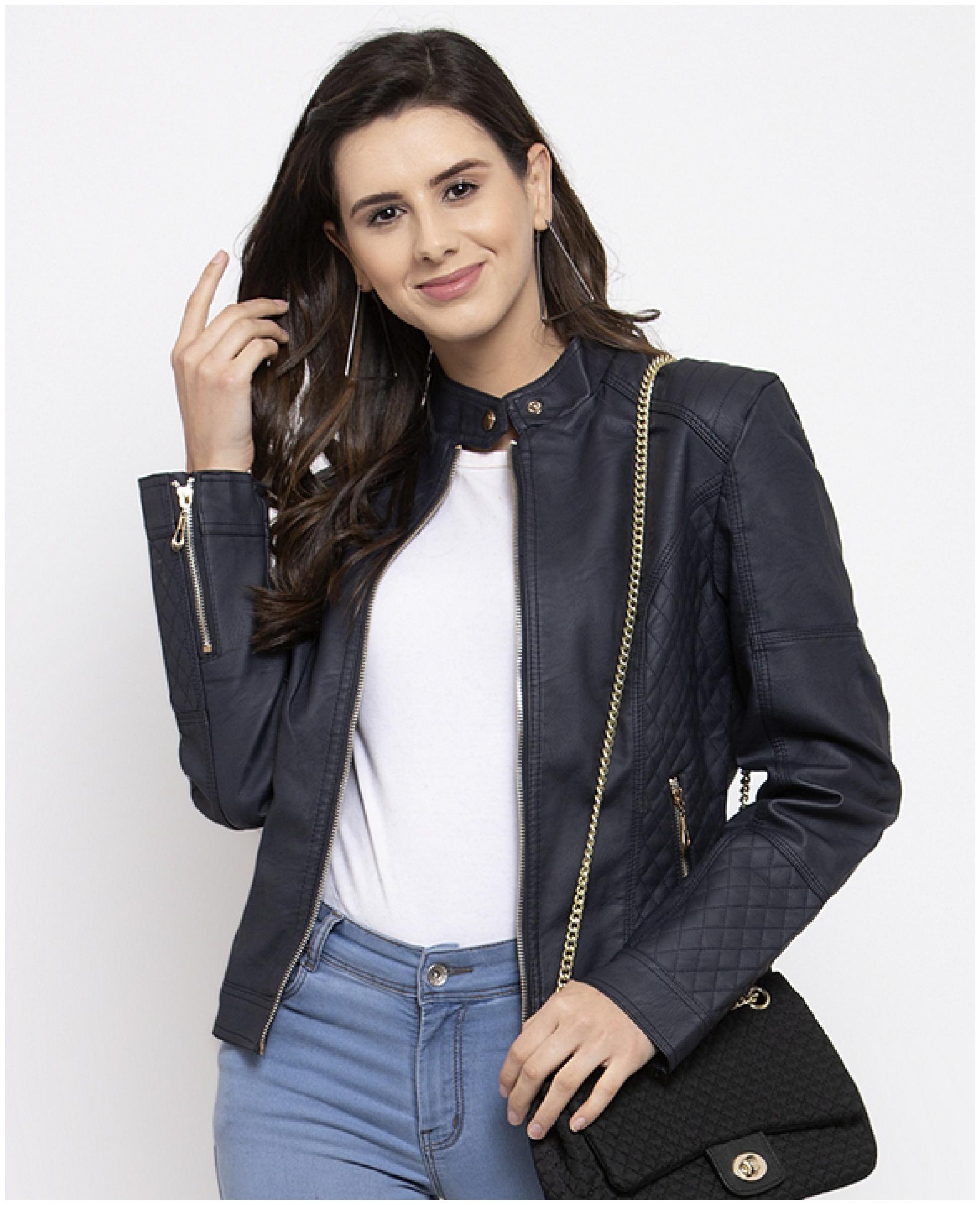 

VOXATI Women Solid Leather Jacket - Blue