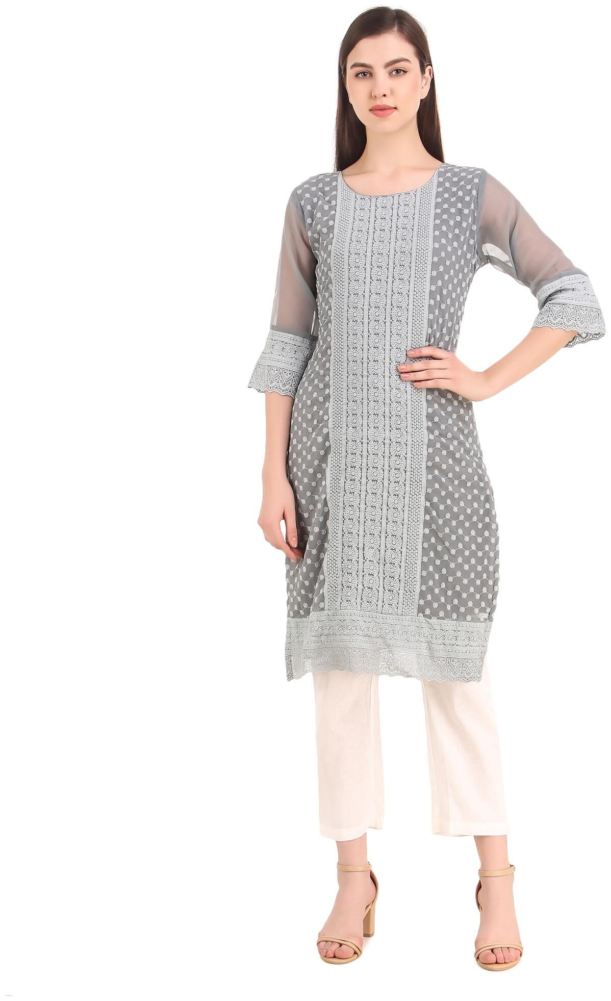 

VRISA Women Georgette Chikankari Grey Kurti