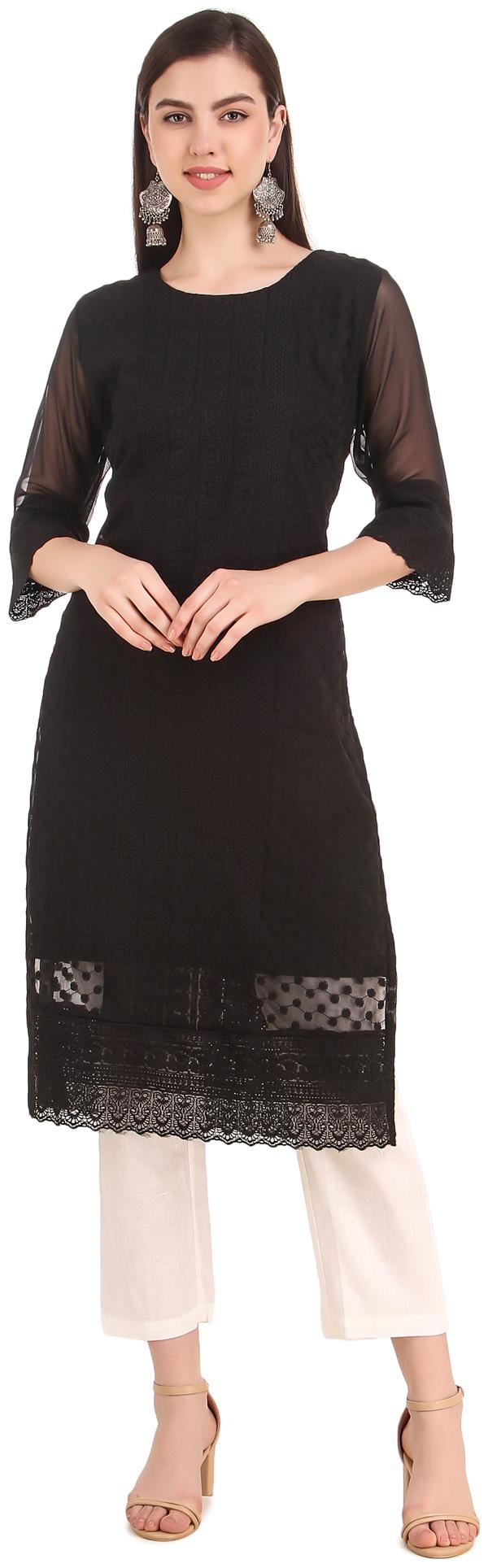 

VRISA Women Georgette Chikankari Black Kurti