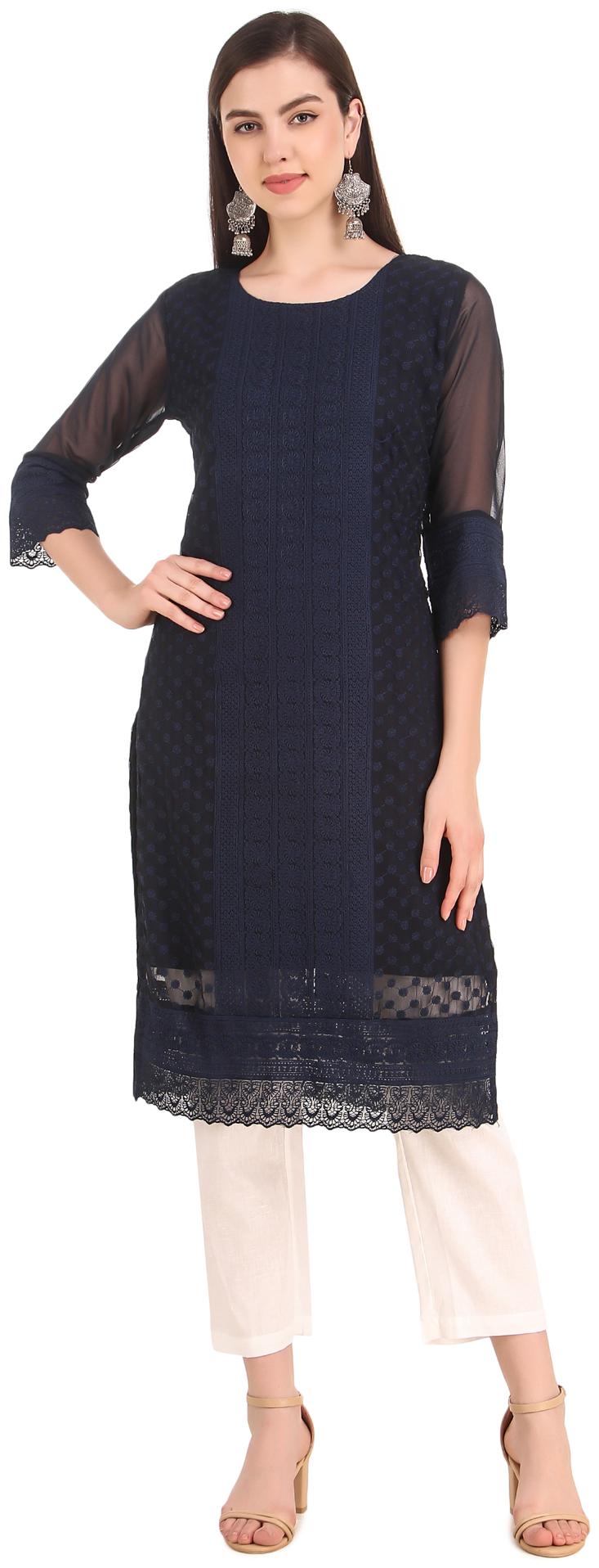 

VRISA Women Georgette Chikankari Blue Kurti