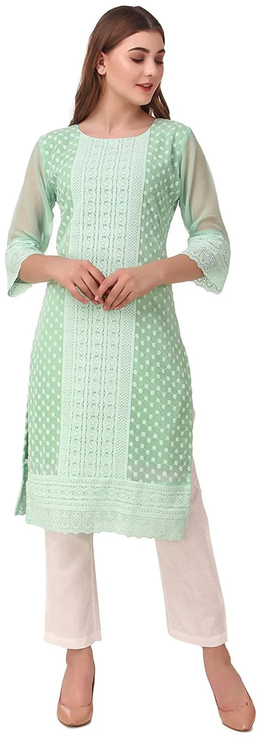 

VRISA Women Georgette Chikankari Turquoise Kurti