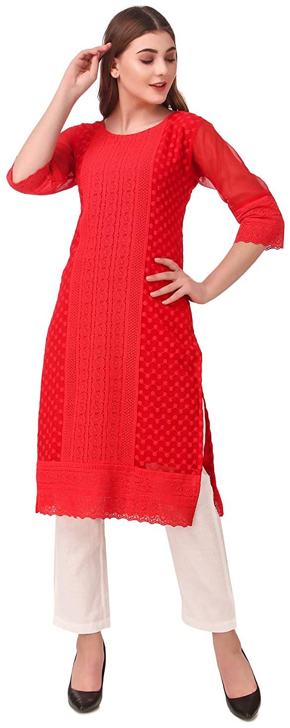 

VRISA Women Georgette Chikankari Red Kurti