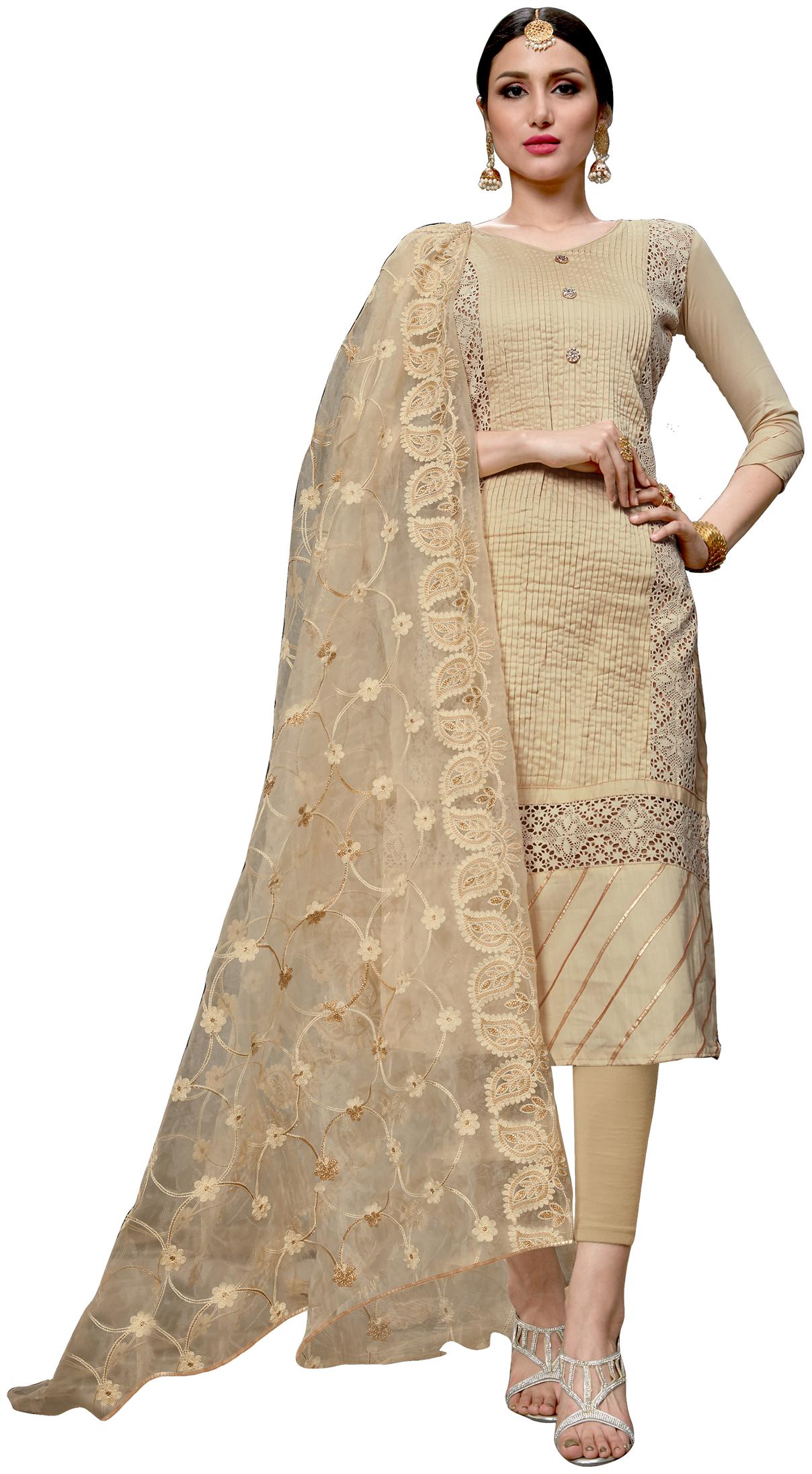 

VSALES Beige Semistiched Cotton Kurta Bottom Dupatta