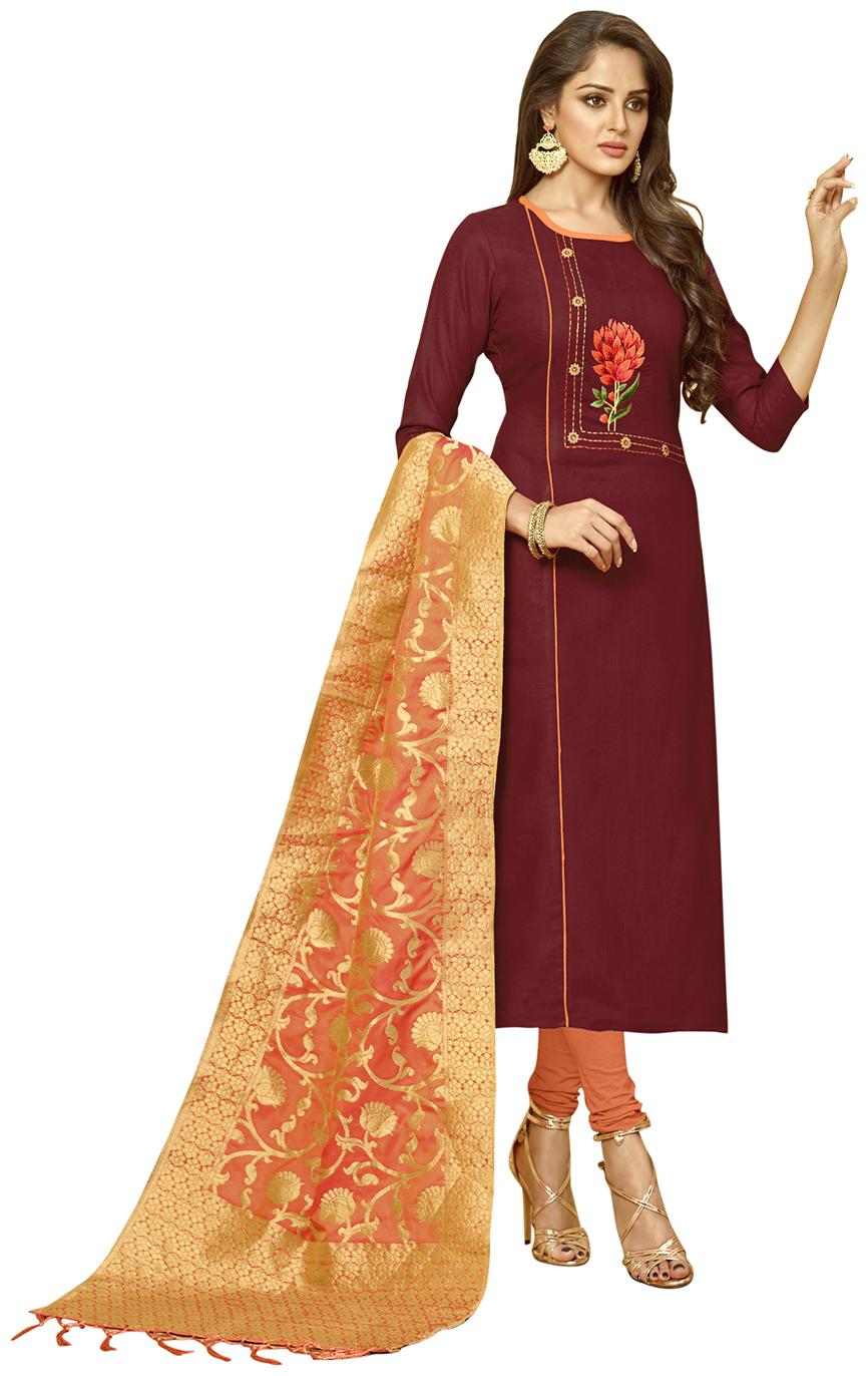 

VSALES Maroon Semistiched Cotton Kurta Bottom Dupatta