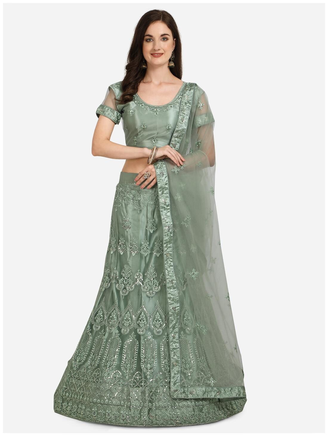 

Vsales Women Net Semi Stitched Lehenga Choli Dupatta (Green)