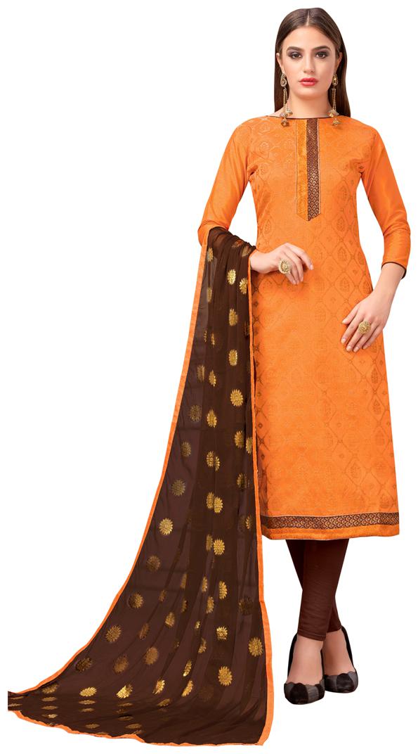 

VSALES Women Silk Striped Kurta Bottom Dupatta Orange Brown