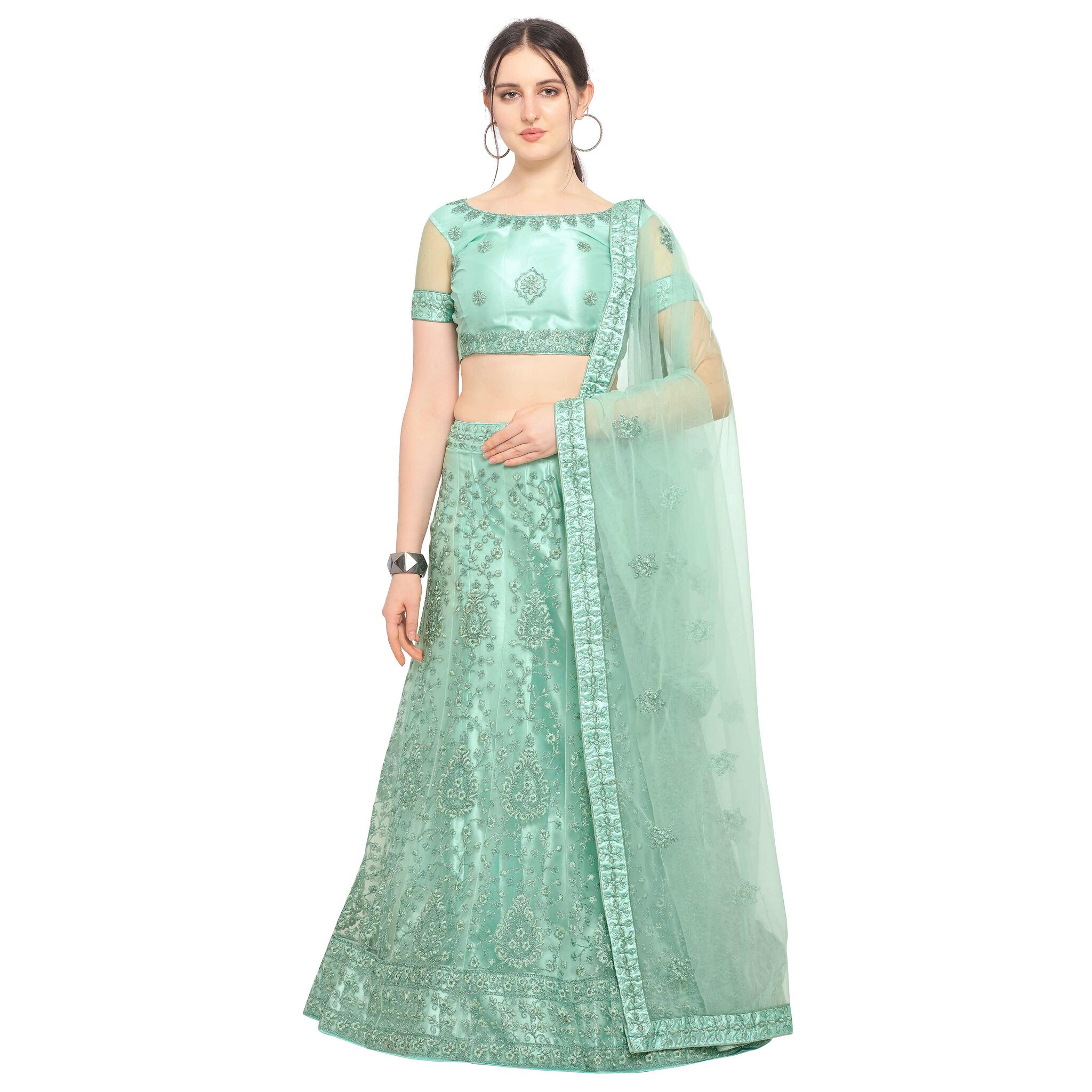 

Vsales Women s Green Semi Stiched Embroidered Net Lehenga Choli