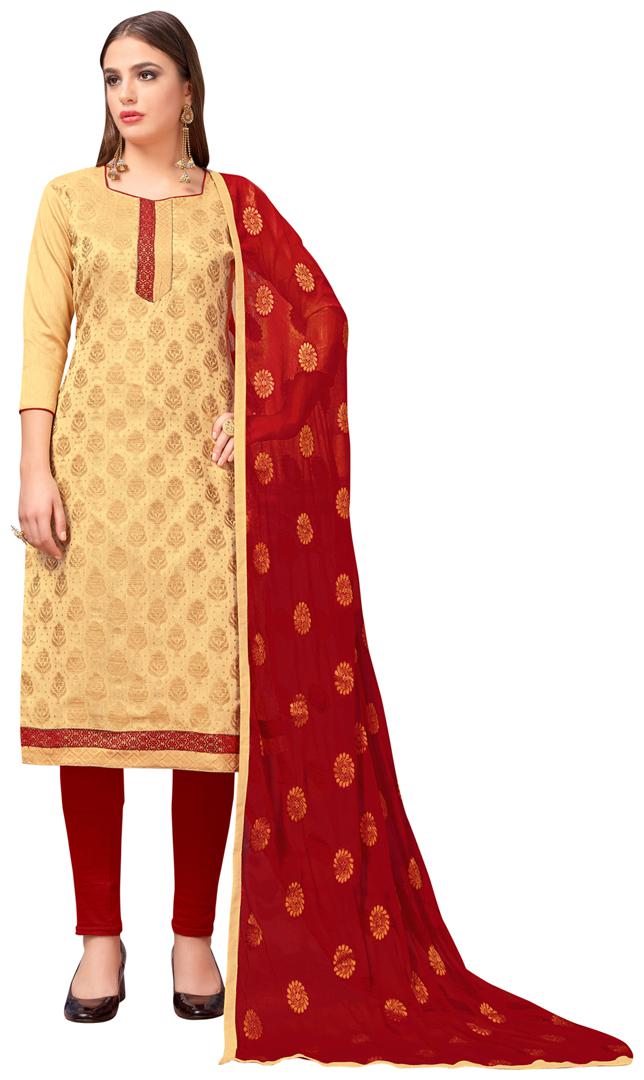 

VSALES Women Silk Printed Kurta Bottom Dupatta Beige Red