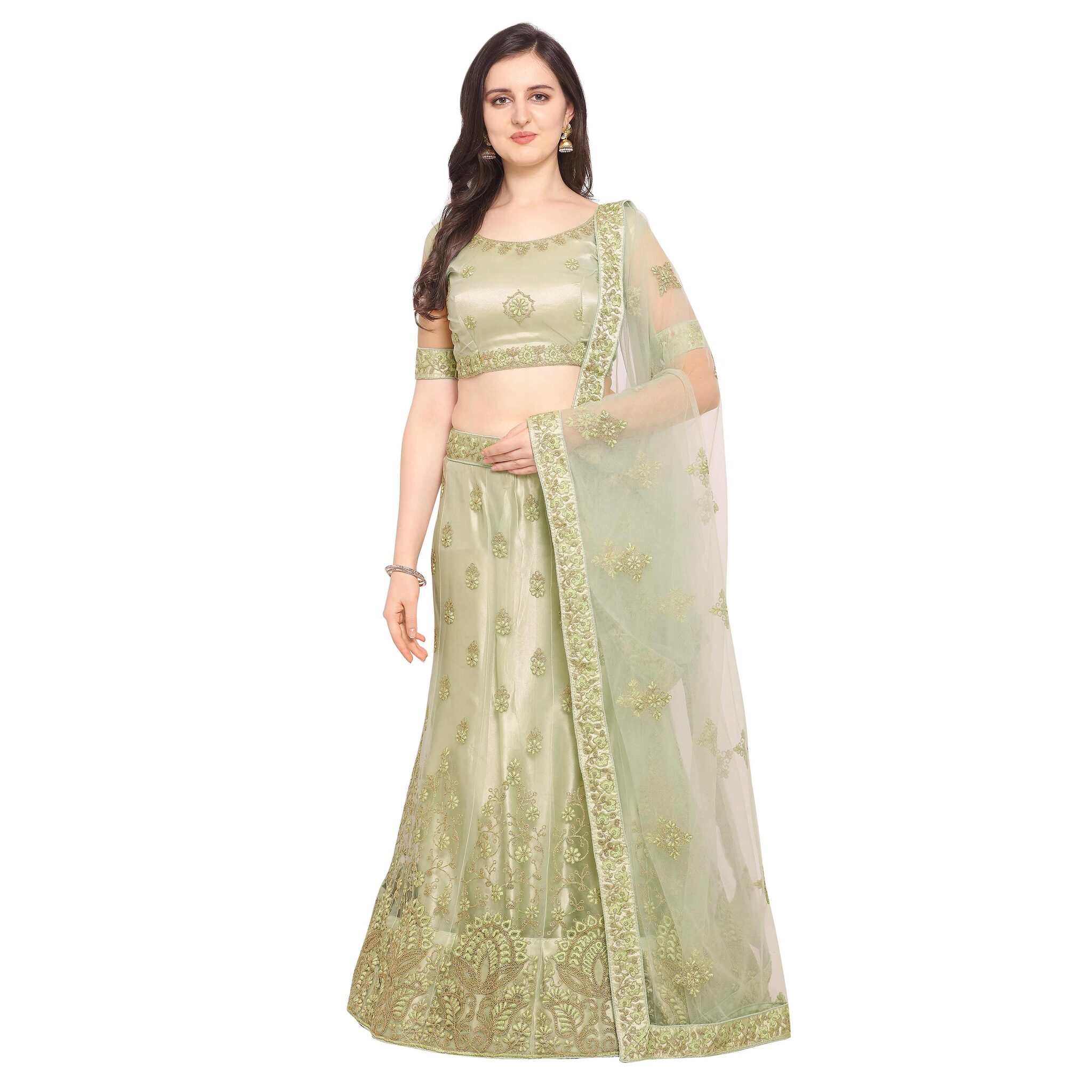 

Vsales Women s Green Semi Stiched Embroidered Net Lehenga Choli
