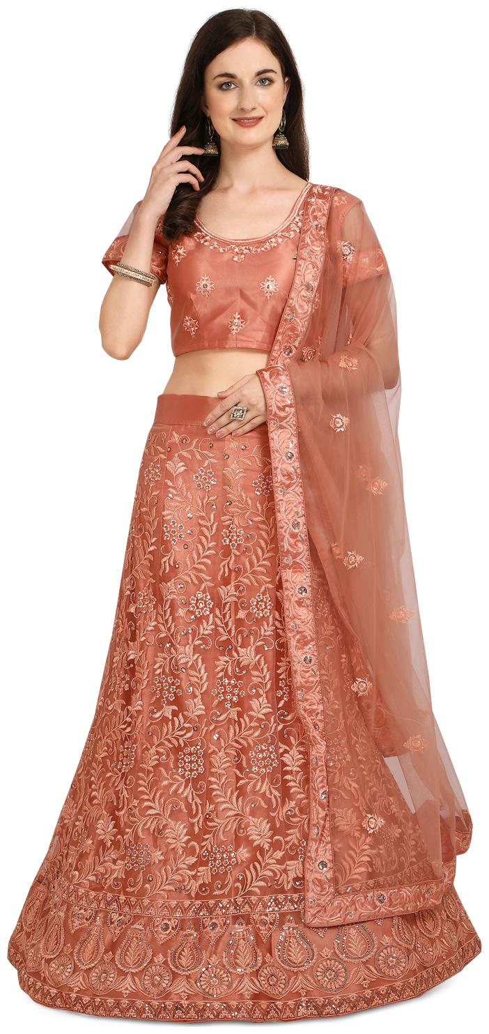 

Vsales Women Net Semi Stitched Lehenga Choli Dupatta (Peach)