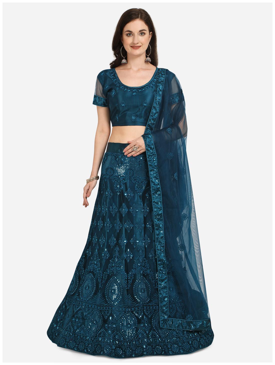 

Vsales Women Net Semi Stitched Lehenga Choli Dupatta (Blue)