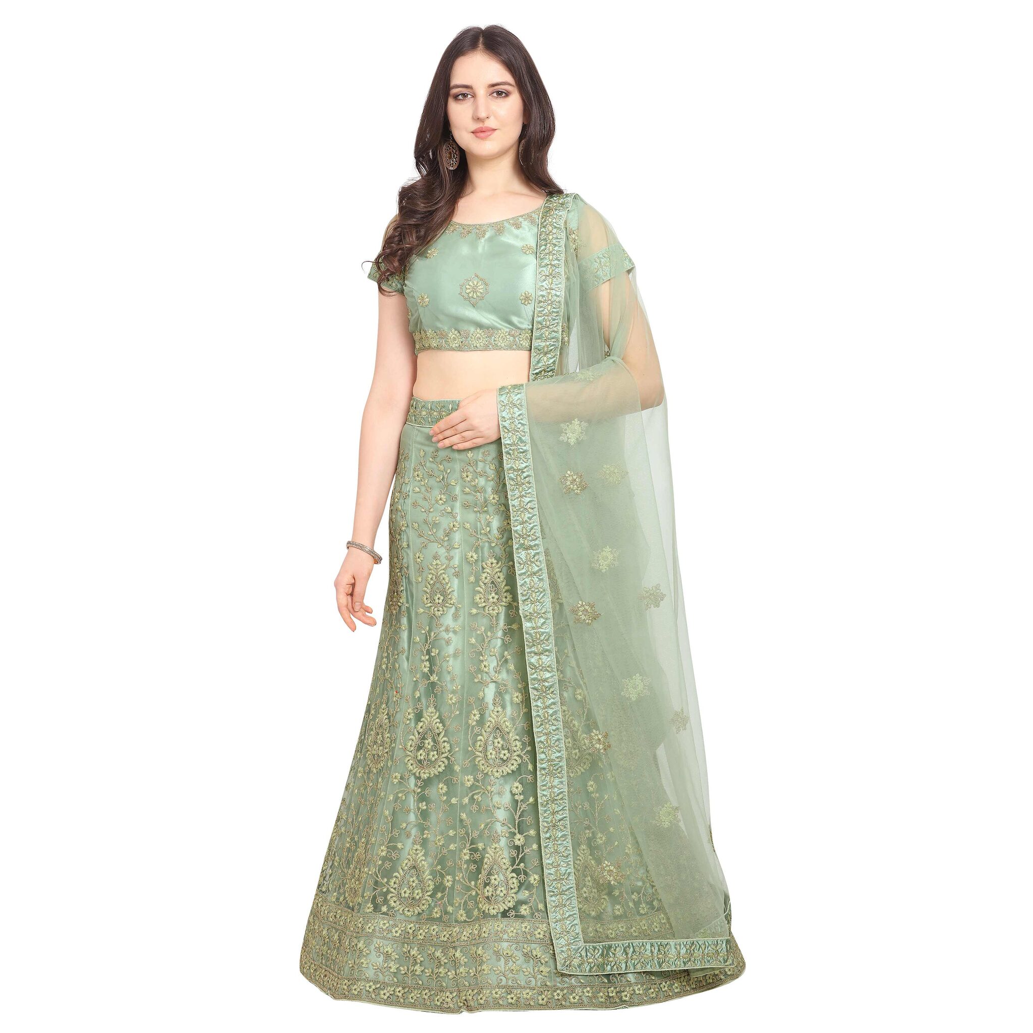 

Vsales Women s Green Semi Stiched Embroidered Net Lehenga Choli