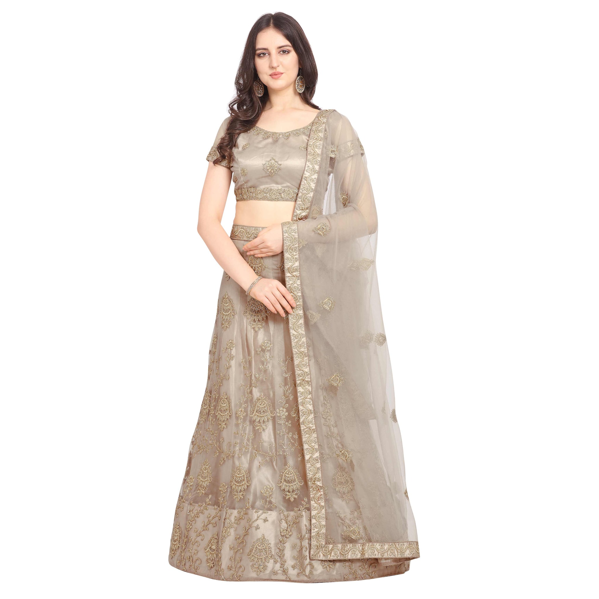

Vsales Women s Biege Semi Stiched Embroidered Net Lehenga Choli
