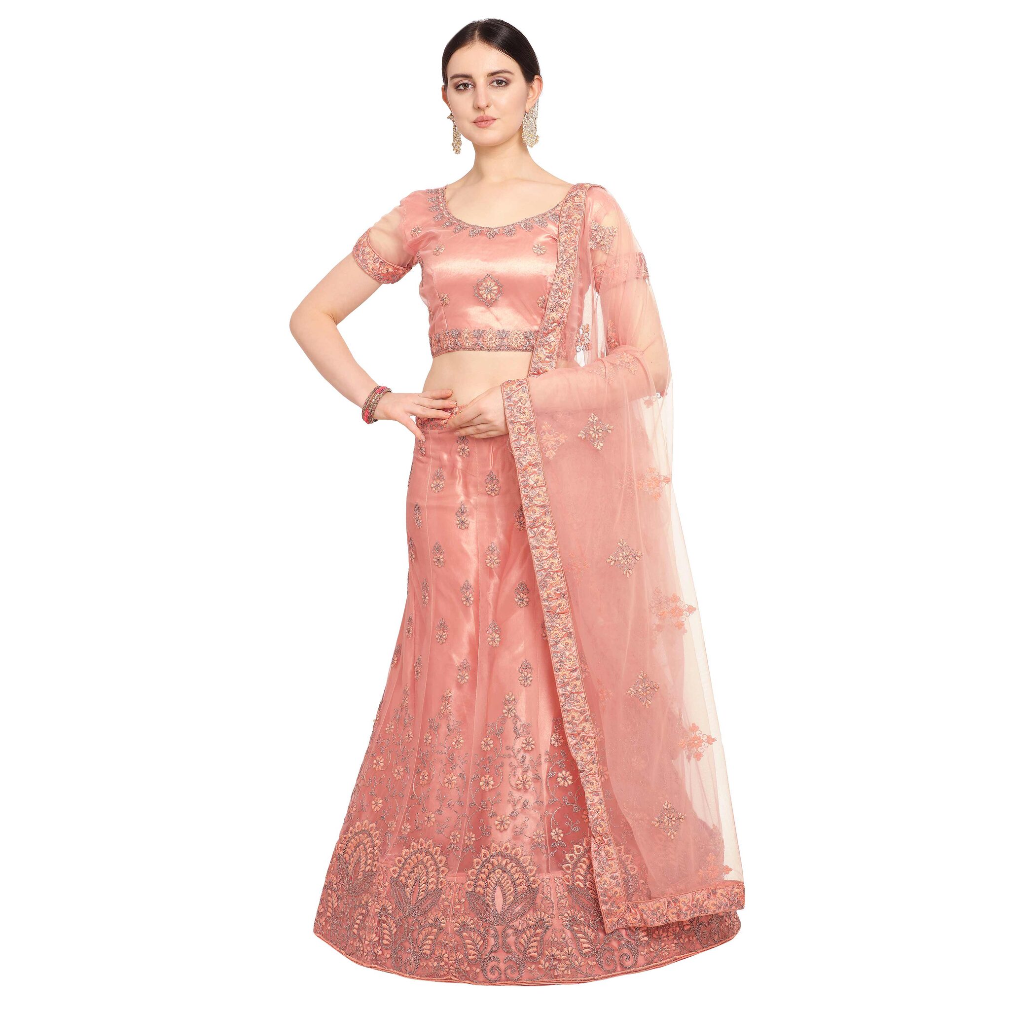 

Vsales Women s Peach Semi Stiched Embroidered Net Lehenga Choli